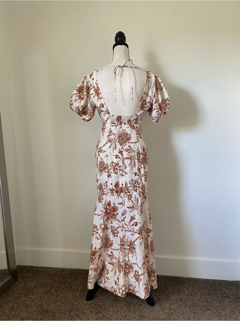 Abercrombie & Fitch Puff Sleeve Slim Poplin Cotton Midi Dress Cream Brown Floral - Picture 6 of 9